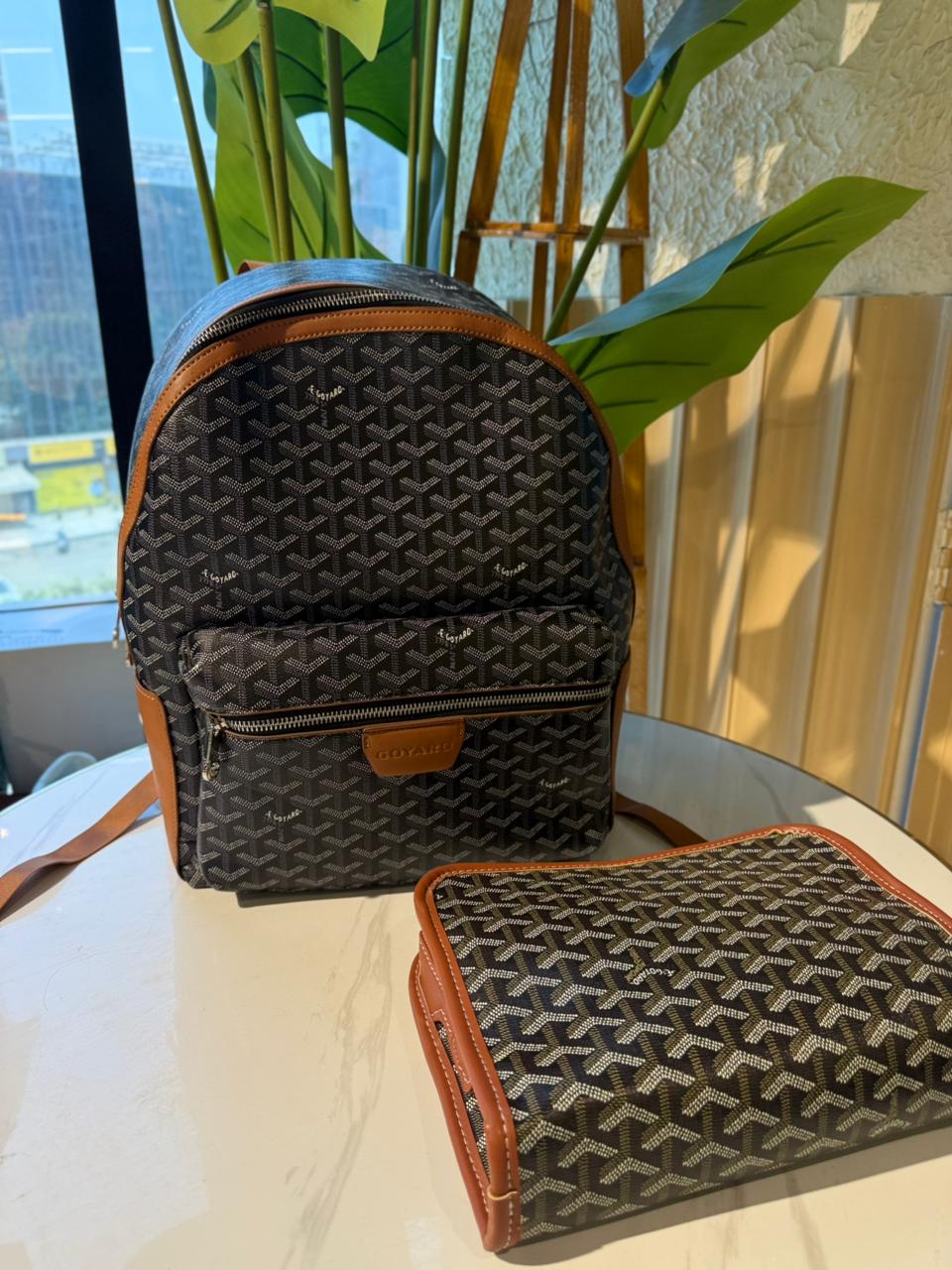 Goyard Black Monogram Backpack with Brown Trim
