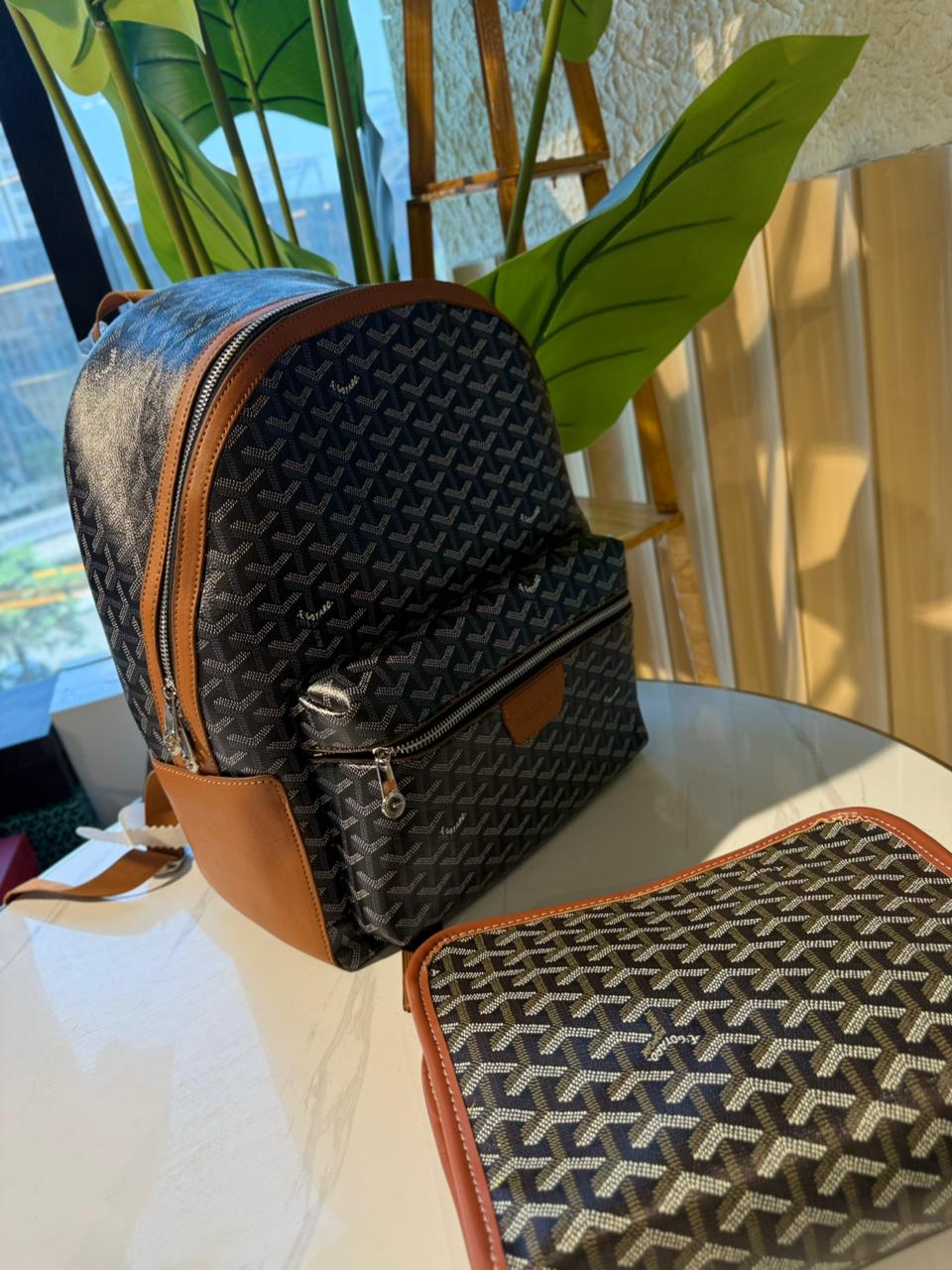 Goyard Black Monogram Backpack with Brown Trim - Image 2