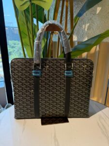 Goyard Briefcase Business Bag Shoulder Strap Black Tan Brown Herringbone Auth