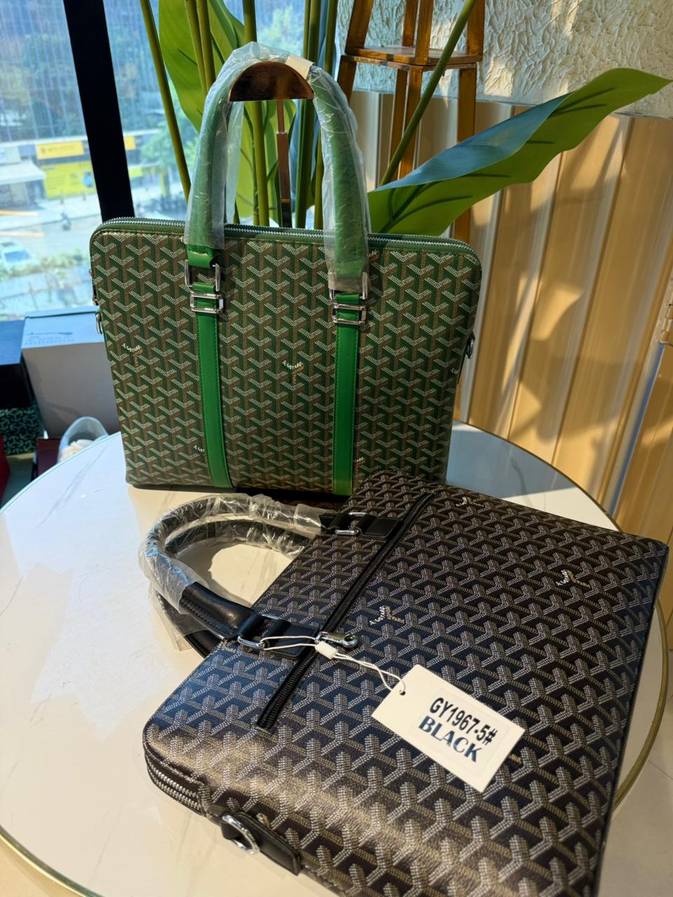 Goyard Briefcase Business Bag Shoulder Strap Black Tan Brown Herringbone Auth - Image 2