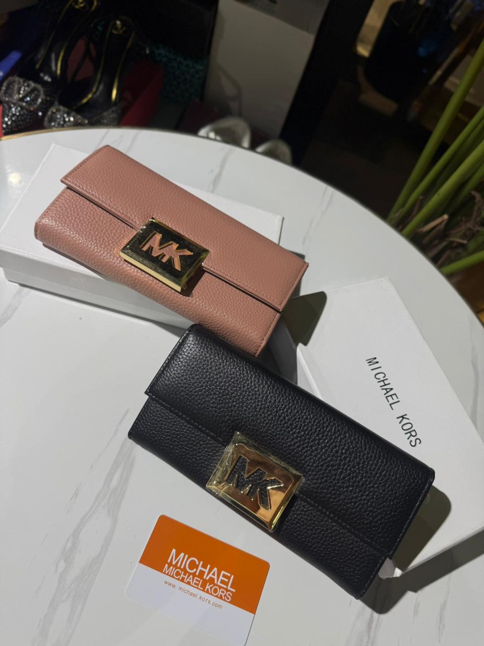 Michael Kors Pink Leather Envelope Clutch Wallet MK Logo Evening Bag